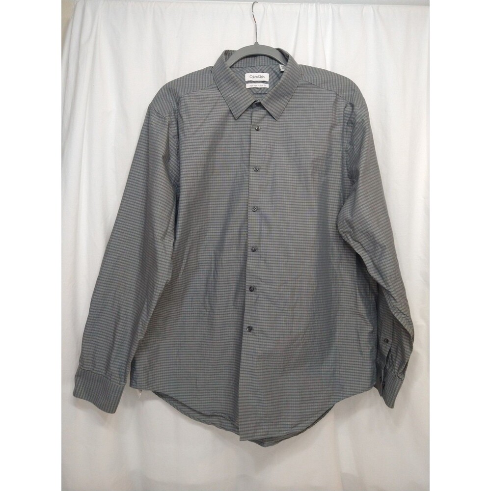 Calvin Klein Mens Slim Fit Button Down Shirt 17 1/2 Long Sleeve Gray/Green Plaid